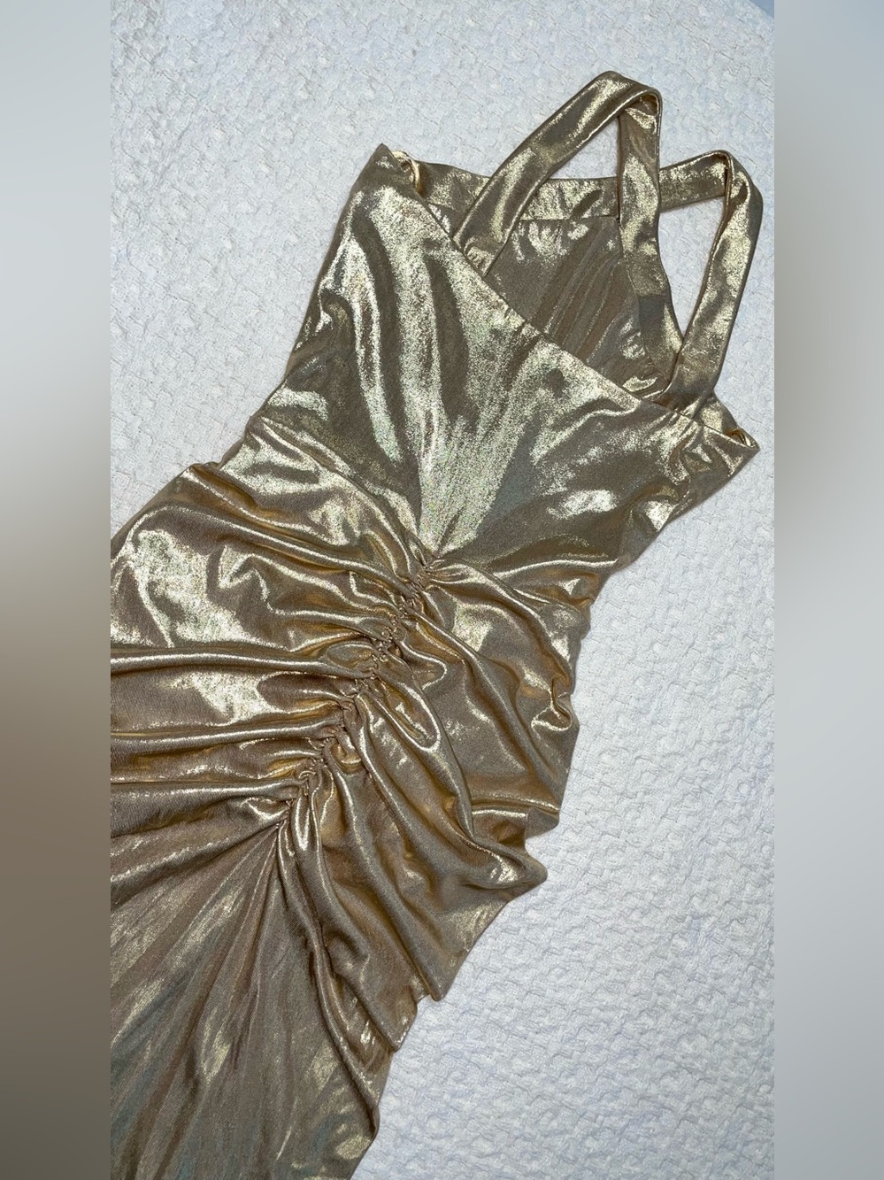 Stunning Gold Metallic Ruched Maxi Dress | Size Small - Picture 7 of 9